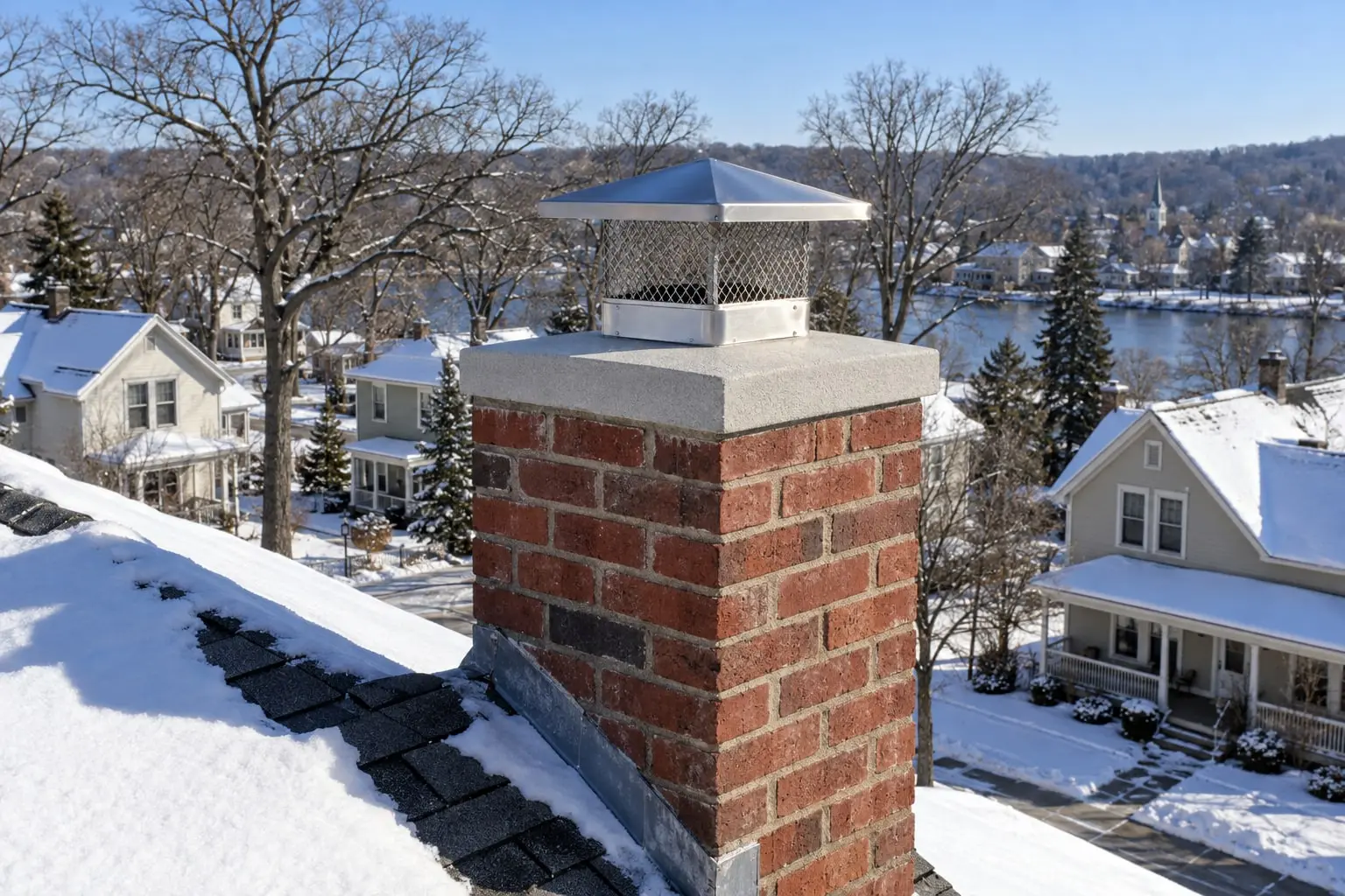 A brick chimney after a snowfall with a resurfaced concrete crown and a new stainless steel cap, older houses and bare oaks of a river town behind
